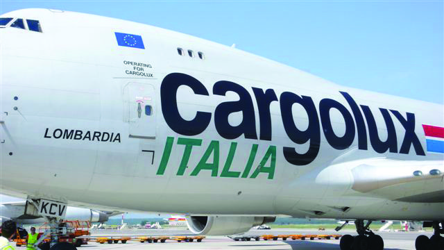 Close up of side view of cargolux Itialia B747F