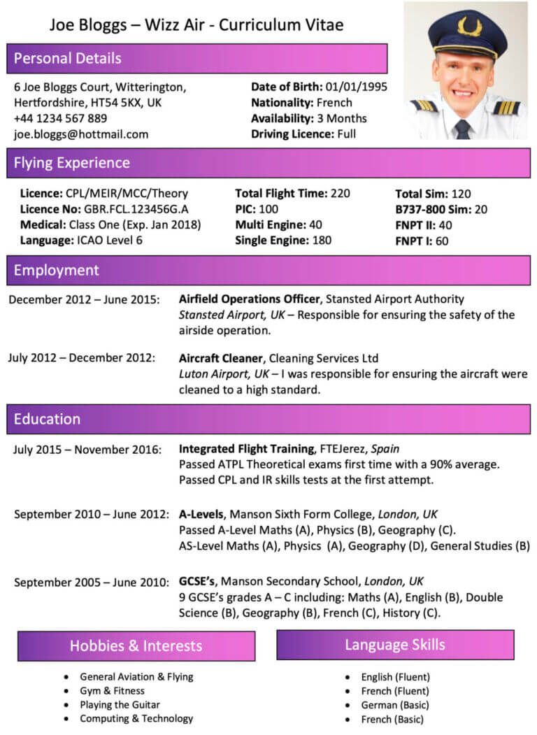 Free Pilot CV Example Templates