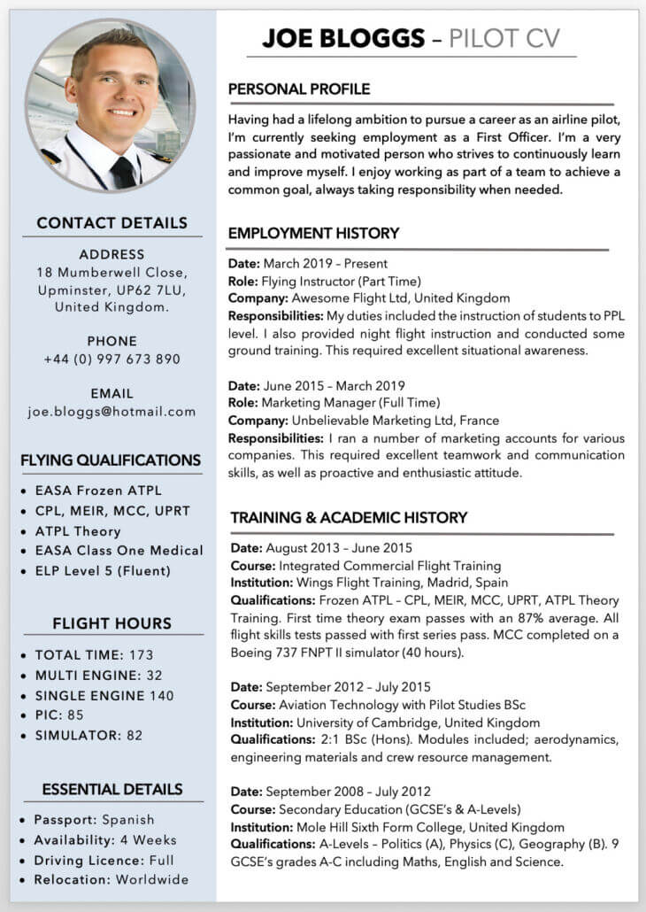 Free Pilot CV Template