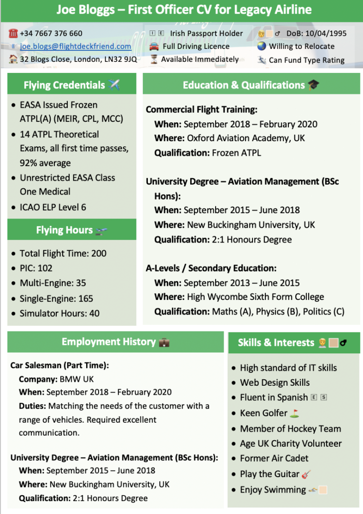 Legacy Airline Pilot Example CV