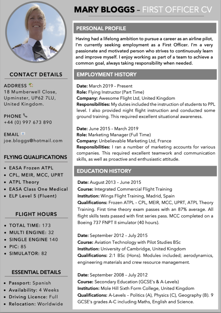 An example airline pilot CV template