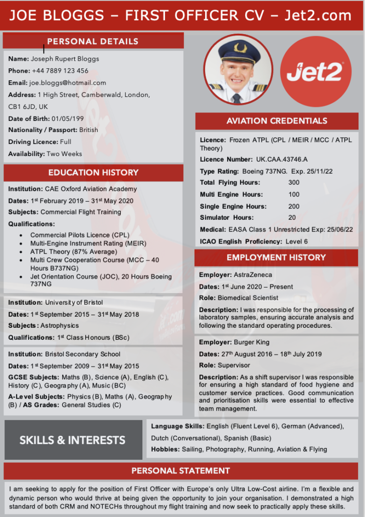 Jet2 pilot example CV template