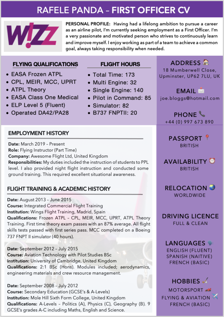 CV Template for Wizz Air Pilots, First Officers