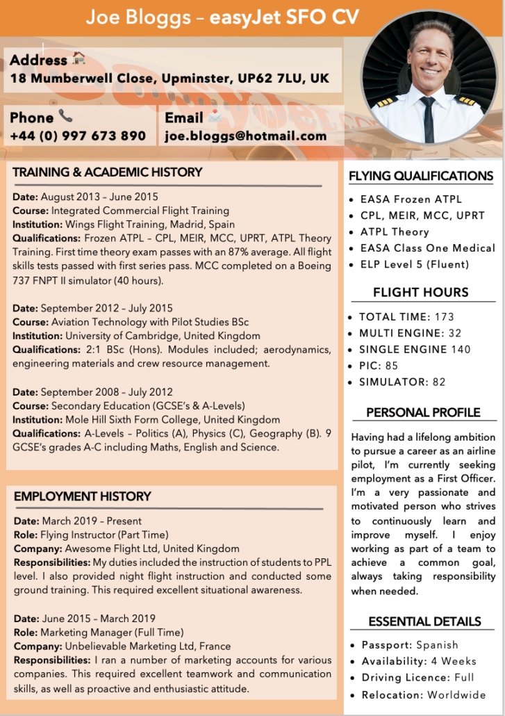 easyJet Pilot Example CV Template