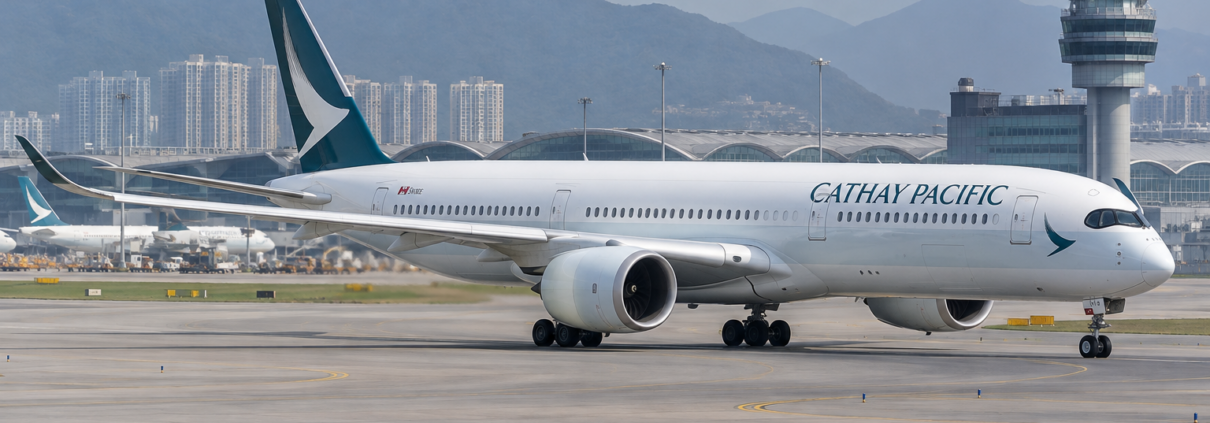 AI-generated illustration of a Cathay Pacific Airbus A350-900 taxiing at Hong Kong airport
