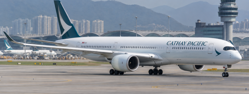 AI-generated illustration of a Cathay Pacific Airbus A350-900 taxiing at Hong Kong airport