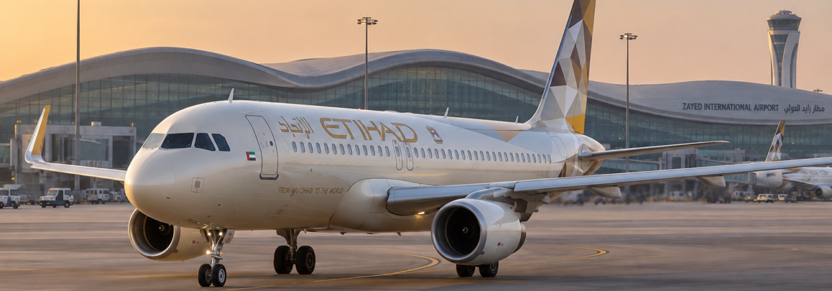 AI-generated illustration of an Etihad Airways A320-family aircraft taxiing at Abu Dhabi airport
