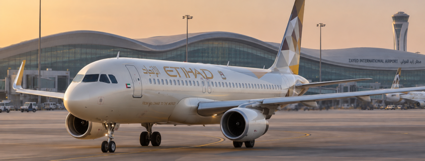 AI-generated illustration of an Etihad Airways A320-family aircraft taxiing at Abu Dhabi airport